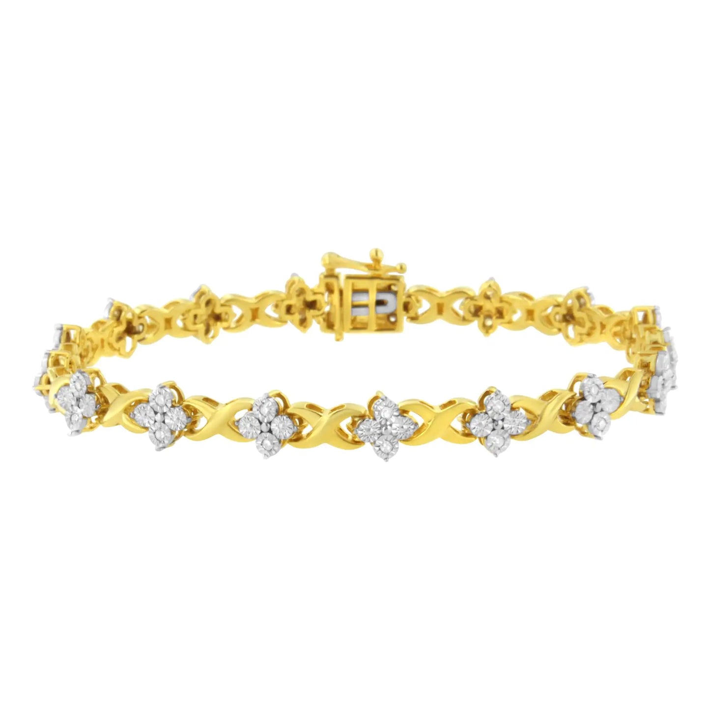 Yellow Gold Plated Sterling Silver 1/4 cttw Diamond 4 Leaf Clover Link Tennis Bracelet (I-J Color, I2-I3 Clarity) - Size 7.25"