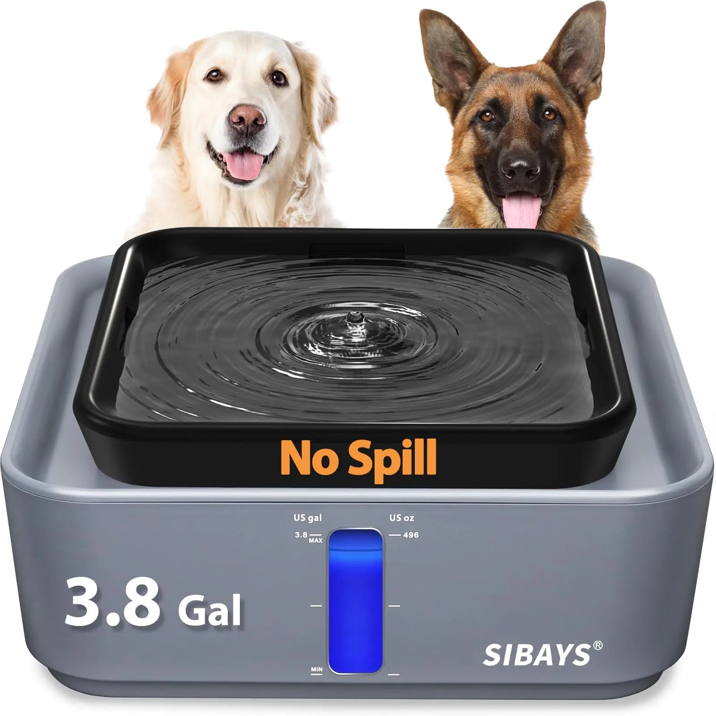 SIBAYS 3.8Gal/14L Extra Large Pet Water Fountain No Spill Dog Cat Fountain with 9" Large Filter & Powerful LED Pump & Clear View Window Auto Dog Water Bowl Dispenser Easy to Clean BPA-Free