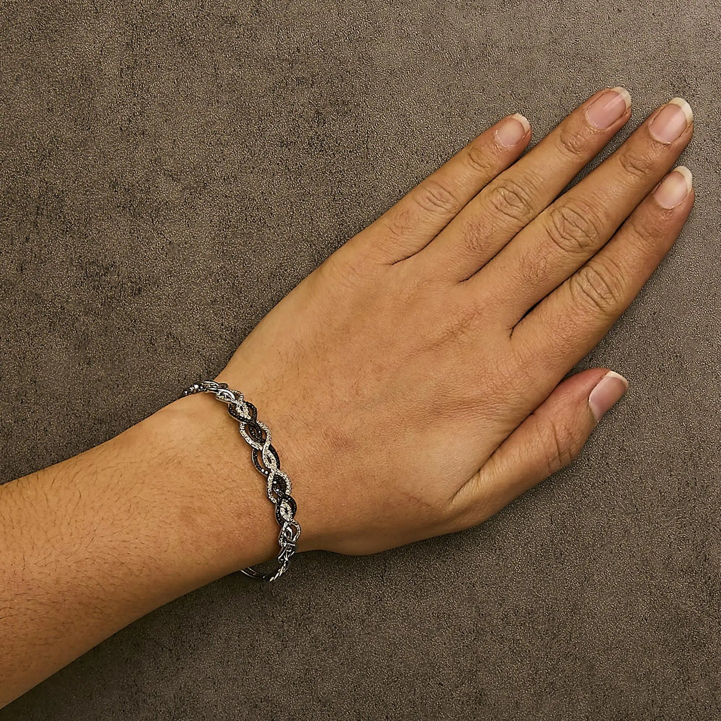 .925 Sterling Silver Diamond Swirl Bangle - Black & White, 7.75"