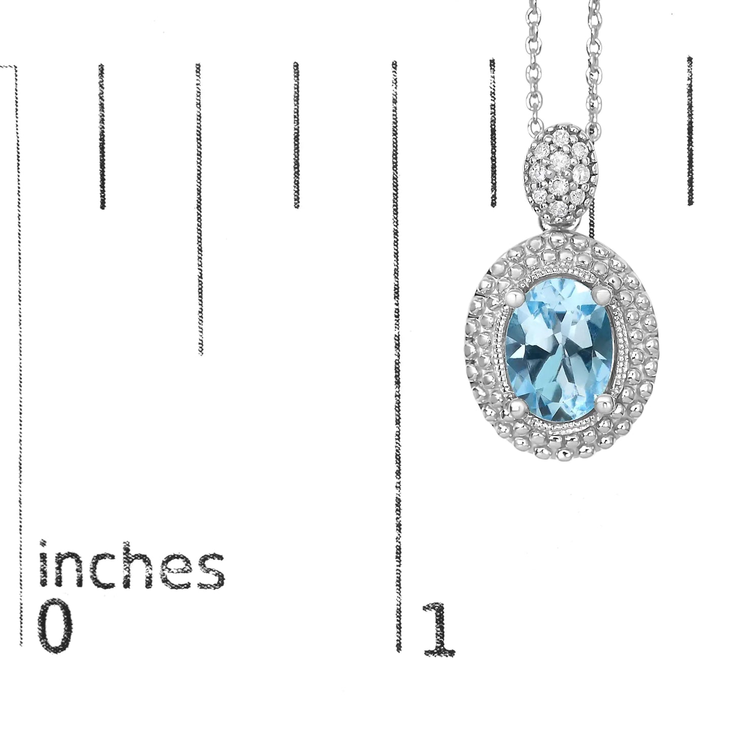 Sterling Silver Oval Blue Topaz and Diamond Accent with Beaded Halo Pendant Necklace - 18" Inches
