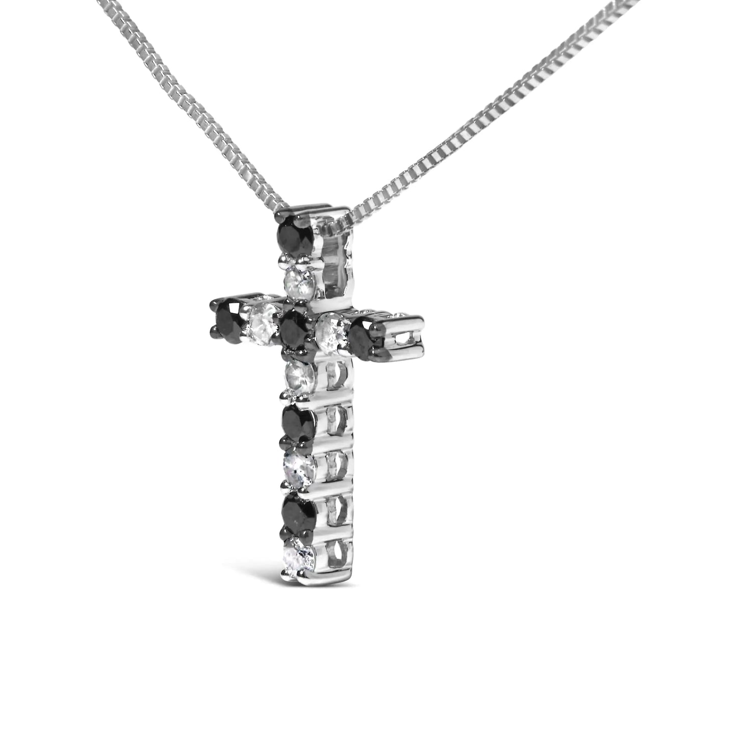 .925 Sterling Silver 1/2 Cttw Alternating Black and White Diamond Cross Pendant Necklace (Treated Black and H-I Color, I3 Clarity) - 18"