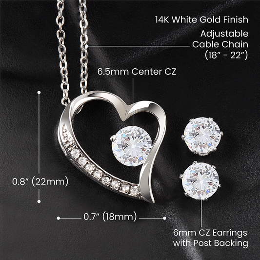14Kt White Gold Finish - Forever Love Necklace and Cubic Zirconia Earring Set
