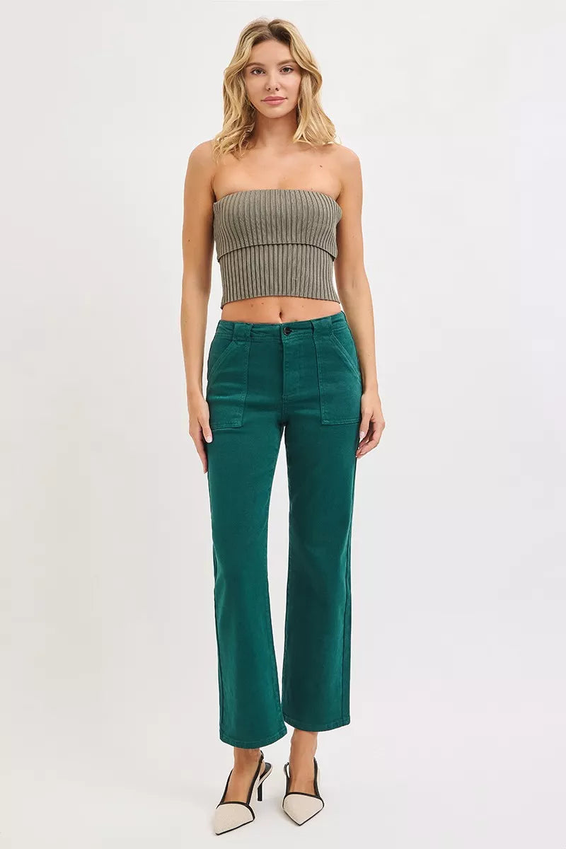 RISEN High Rise Ankle Flare Patch Pocket Jeans