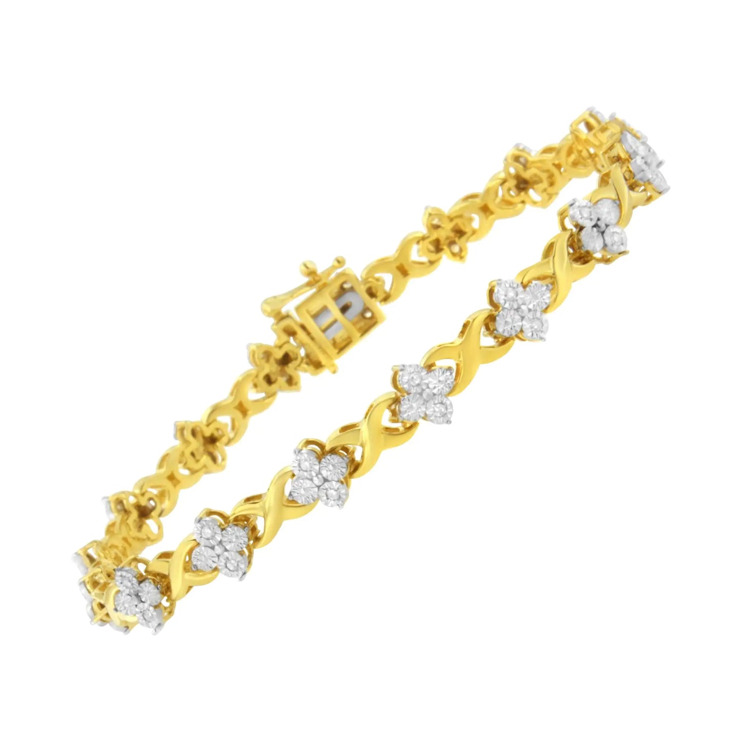 Yellow Gold Plated Sterling Silver 1/4 cttw Diamond 4 Leaf Clover Link Tennis Bracelet (I-J Color, I2-I3 Clarity) - Size 7.25"