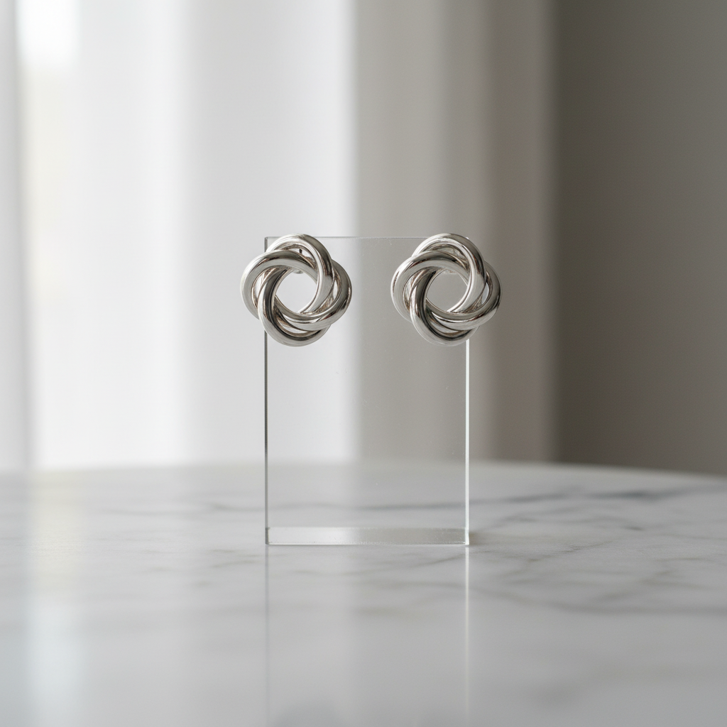 Polished Open Love Knot Earrings in Sterling Silver – marble surface product shot