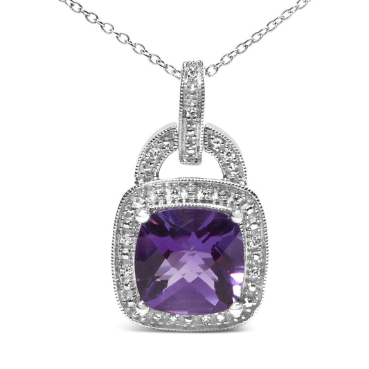 .925 Sterling Silver 10X10 MM Cushion Purple Amethyst and Diamond Accent Halo 18" Pendant Necklace (I-J Color, I1-I2 Clarity)