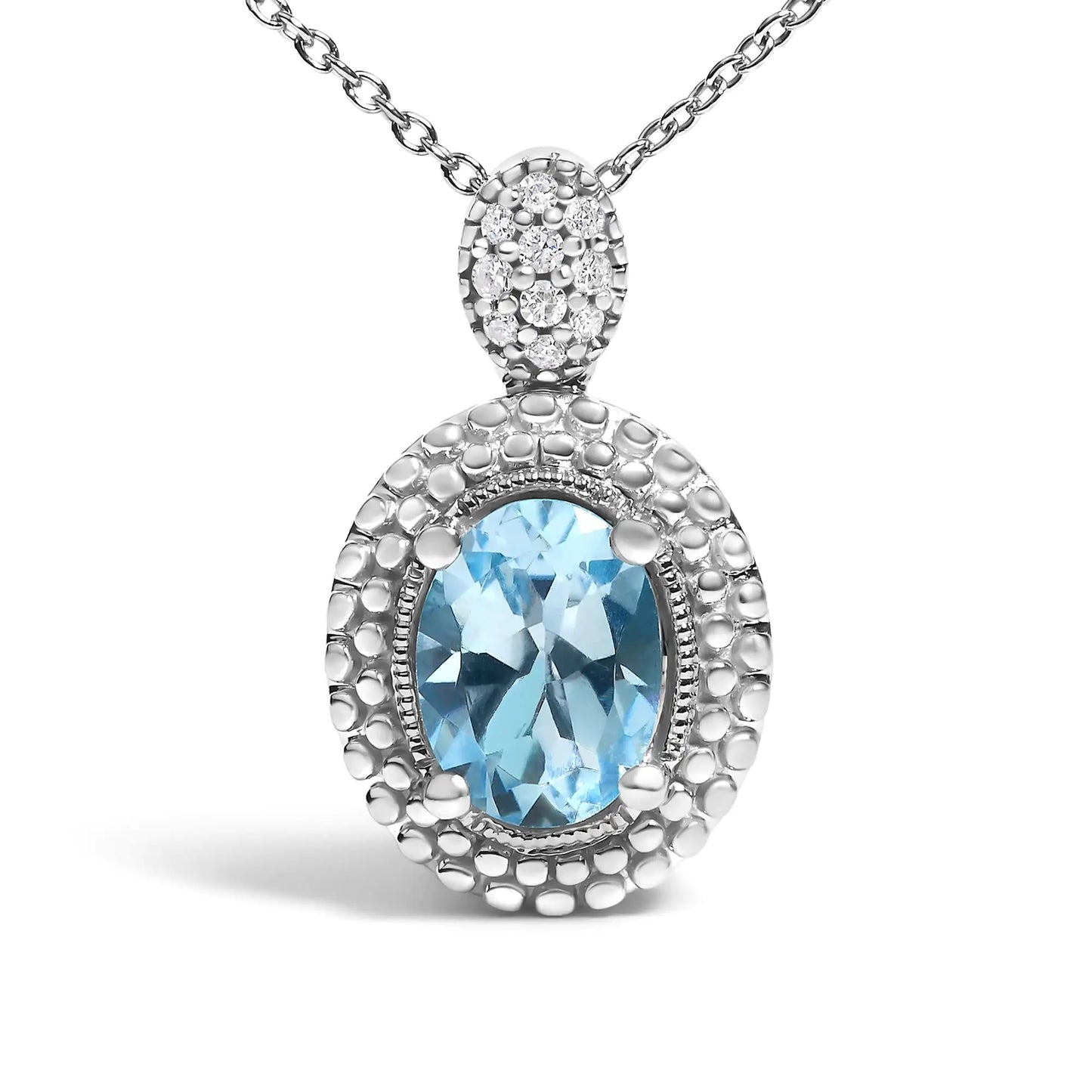 Sterling Silver Oval Blue Topaz and Diamond Accent with Beaded Halo Pendant Necklace - 18" Inches