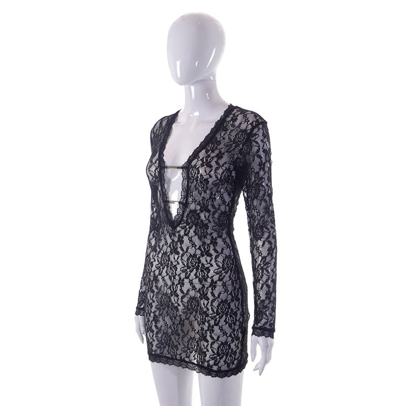 Sheer Lace Trim Sleepwear Midi Dress