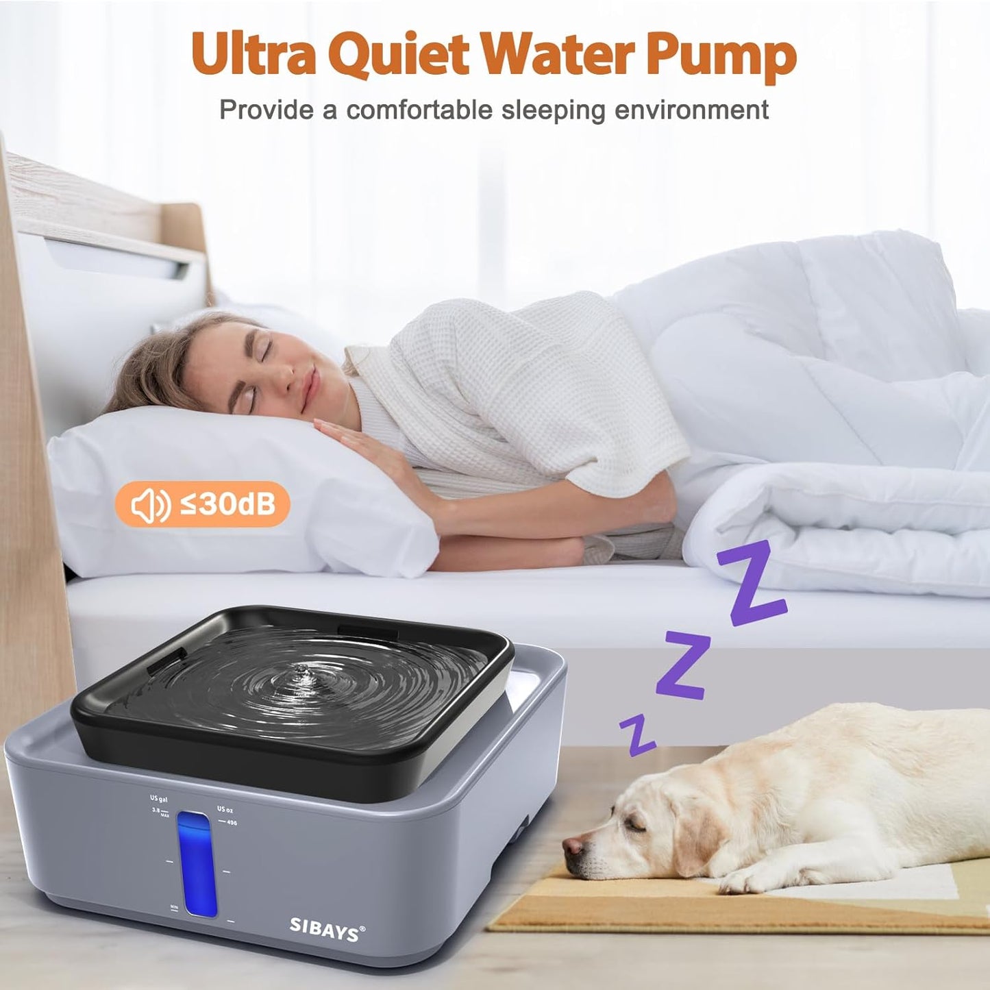 SIBAYS 3.8Gal/14L Extra Large Pet Water Fountain No Spill Dog Cat Fountain with 9" Large Filter & Powerful LED Pump & Clear View Window Auto Dog Water Bowl Dispenser Easy to Clean BPA-Free