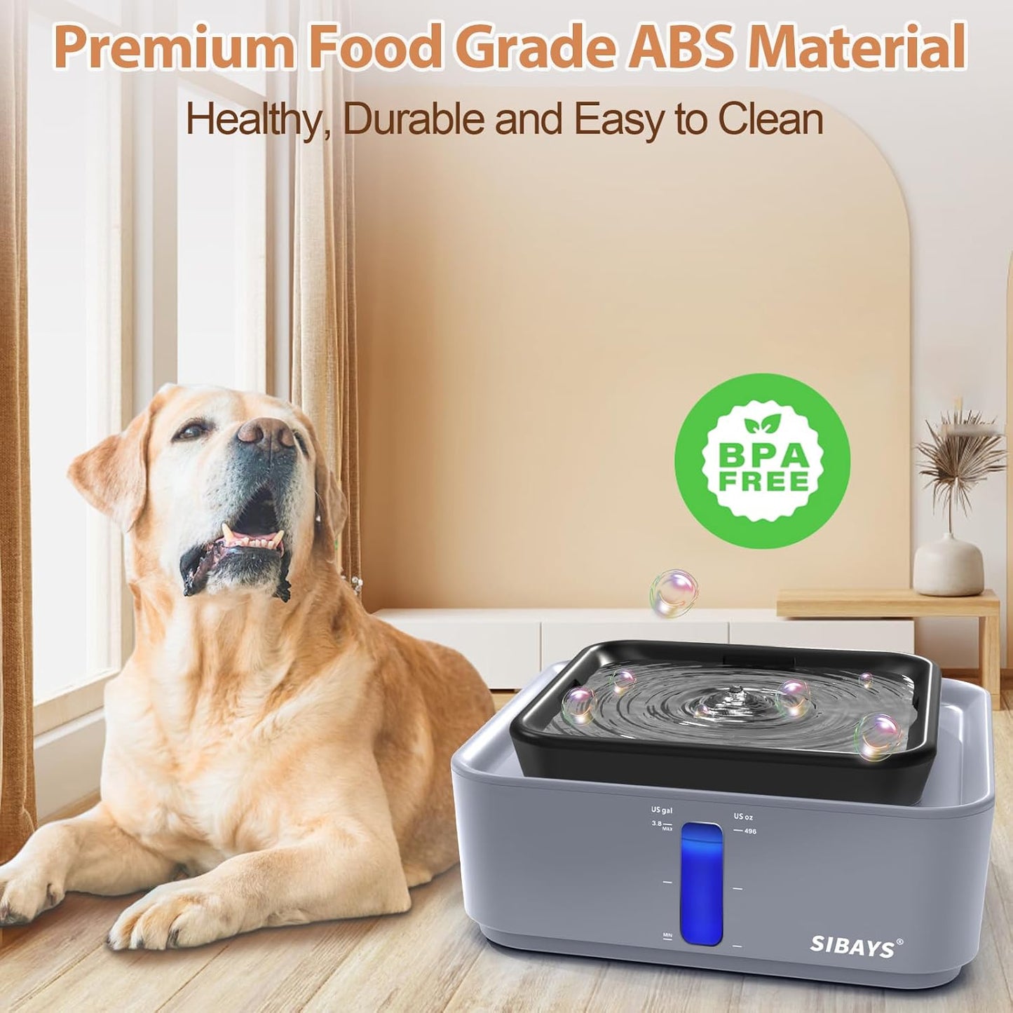 SIBAYS 3.8Gal/14L Extra Large Pet Water Fountain No Spill Dog Cat Fountain with 9" Large Filter & Powerful LED Pump & Clear View Window Auto Dog Water Bowl Dispenser Easy to Clean BPA-Free