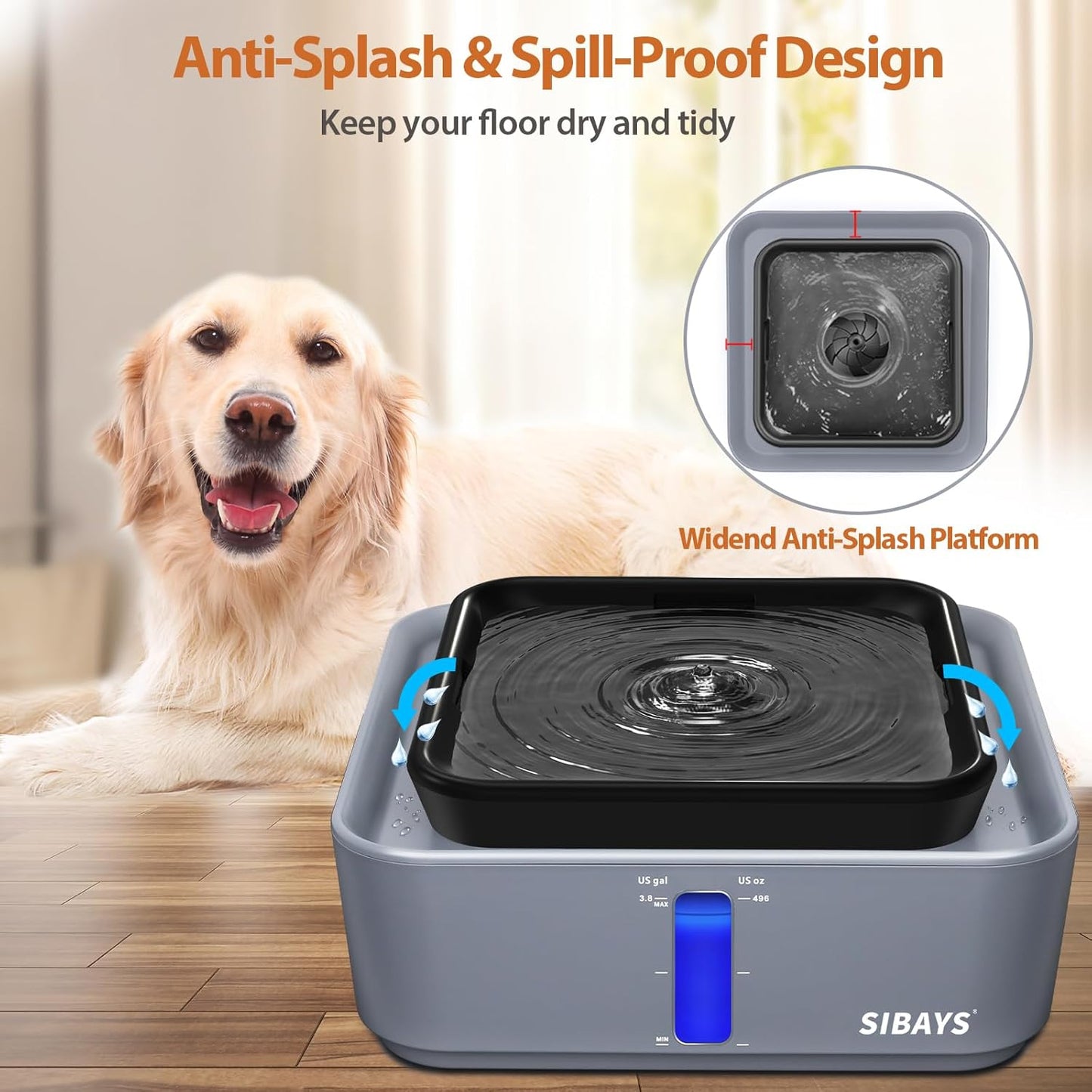 SIBAYS 3.8Gal/14L Extra Large Pet Water Fountain No Spill Dog Cat Fountain with 9" Large Filter & Powerful LED Pump & Clear View Window Auto Dog Water Bowl Dispenser Easy to Clean BPA-Free