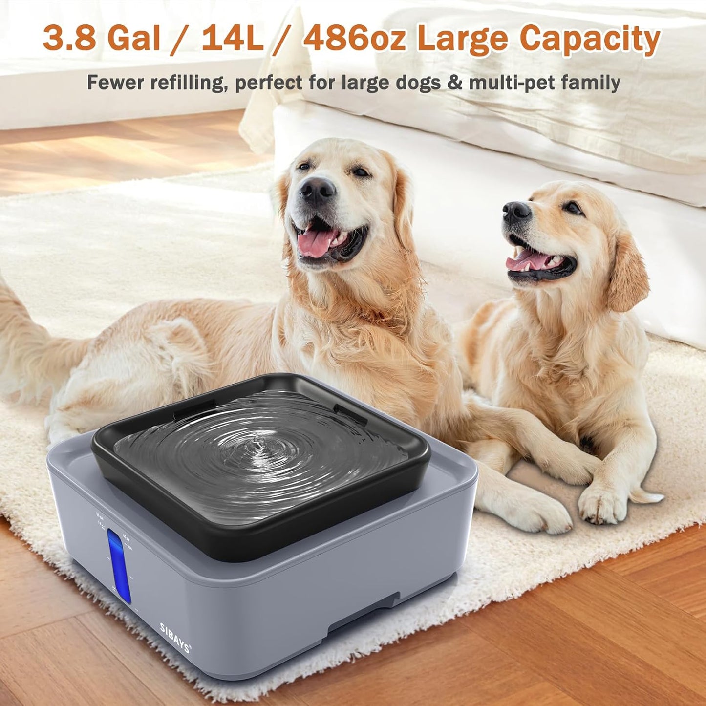 SIBAYS 3.8Gal/14L Extra Large Pet Water Fountain No Spill Dog Cat Fountain with 9" Large Filter & Powerful LED Pump & Clear View Window Auto Dog Water Bowl Dispenser Easy to Clean BPA-Free