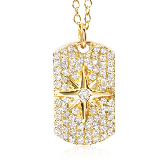 18K Yellow Gold Plated .925 Sterling Silver 3/8 Cttw Diamond North Star Dog Tag 18" Inch Pendant Necklace (I-J Color, I2-I3 Clarity)
