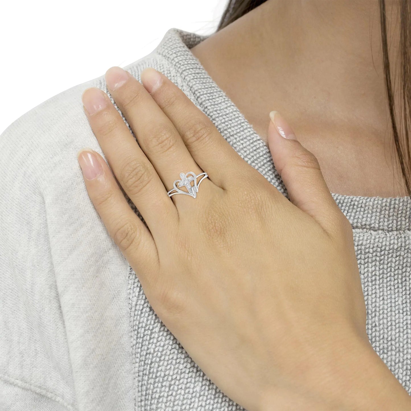 White Gold Diamond-Accented Cross & Open Heart Promise Fashion Ring (H-I Color, I1-I2 Clarity)