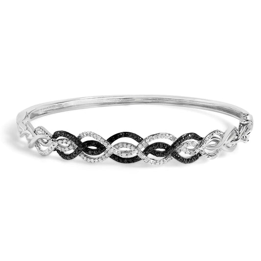 .925 Sterling Silver Diamond Swirl Bangle - Black & White, 7.75"