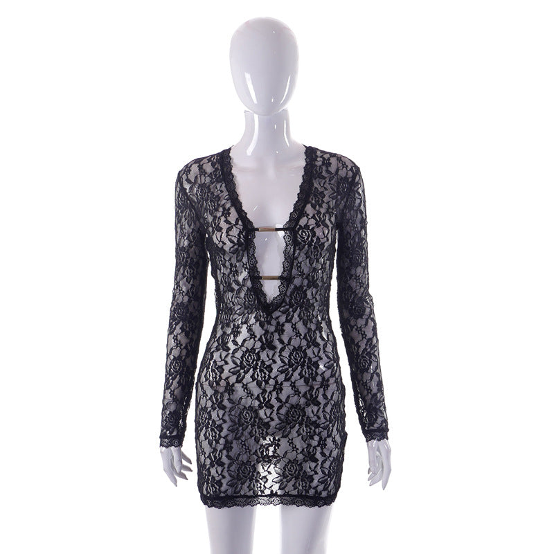 Sheer Lace Trim Sleepwear Midi Dress