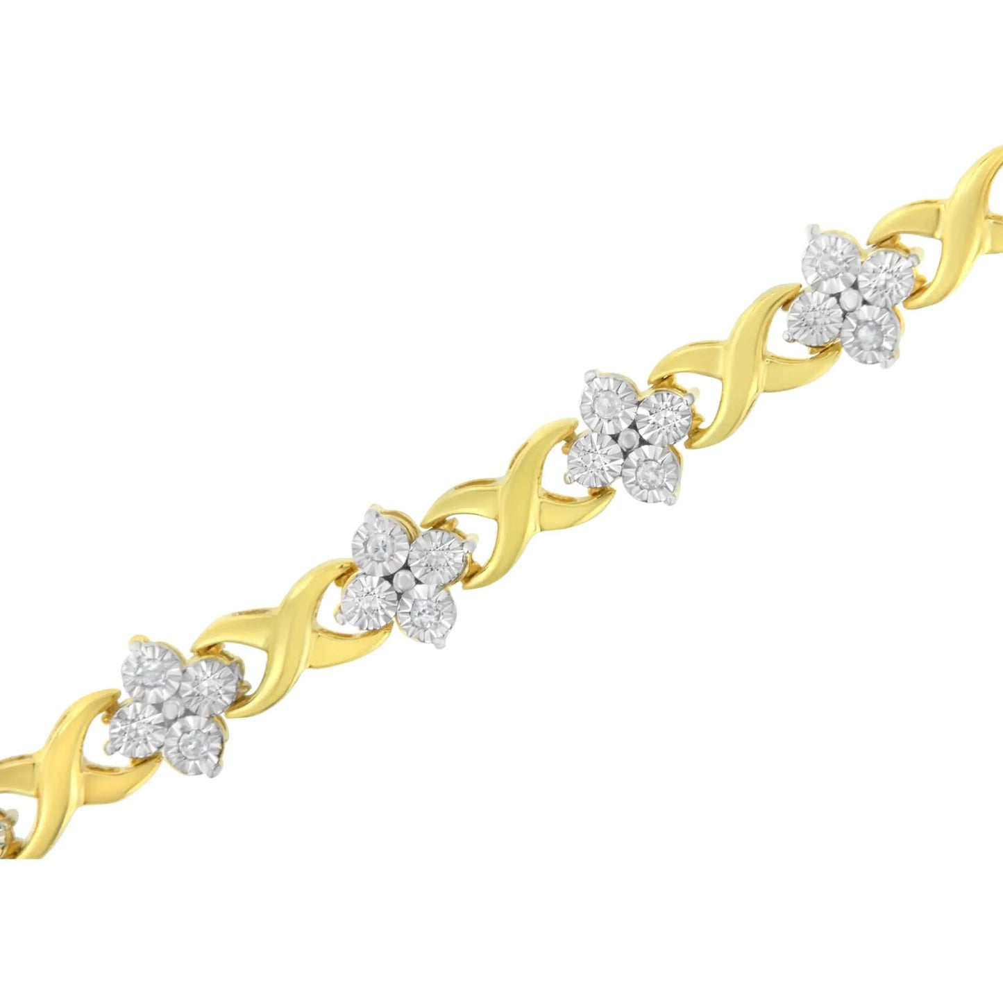 Yellow Gold Plated Sterling Silver 1/4 cttw Diamond 4 Leaf Clover Link Tennis Bracelet (I-J Color, I2-I3 Clarity) - Size 7.25"