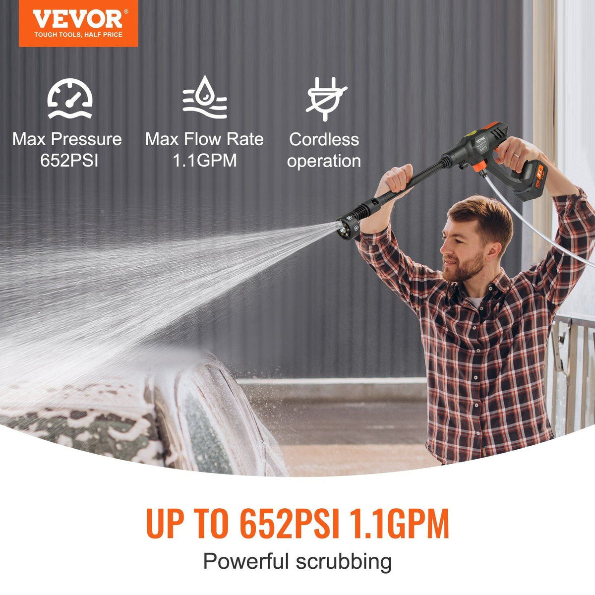 Cordless Pressure Washer, 652 PSI, 1.1 GPM, 4.0Ah Battery & 6-in-1 Nozzle
