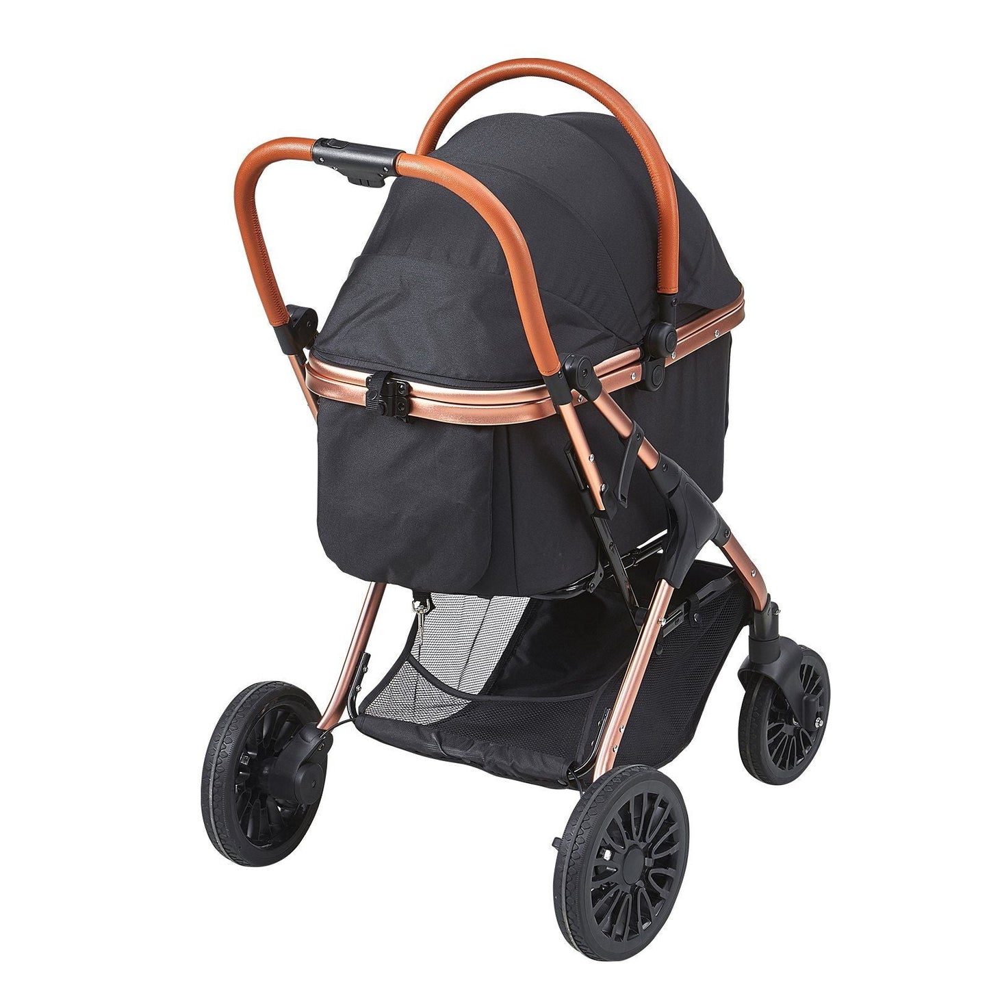 Pet Stroller - 4 Wheels Dog Stroller Rotate with Brakes, 66 lbs Weight Capacity, Puppy Stroller with Detachable Carrier, Storage Basket and Pet Pad, for Small to Medium Sized Dogs, Black