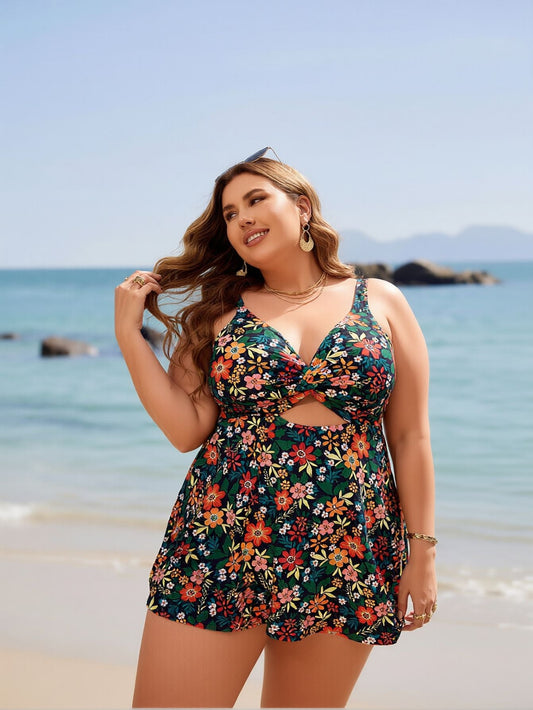 2026 New Plus Size Swim Dress: Floral Print, Halter Neck, Cutout, Flowy Beach Style