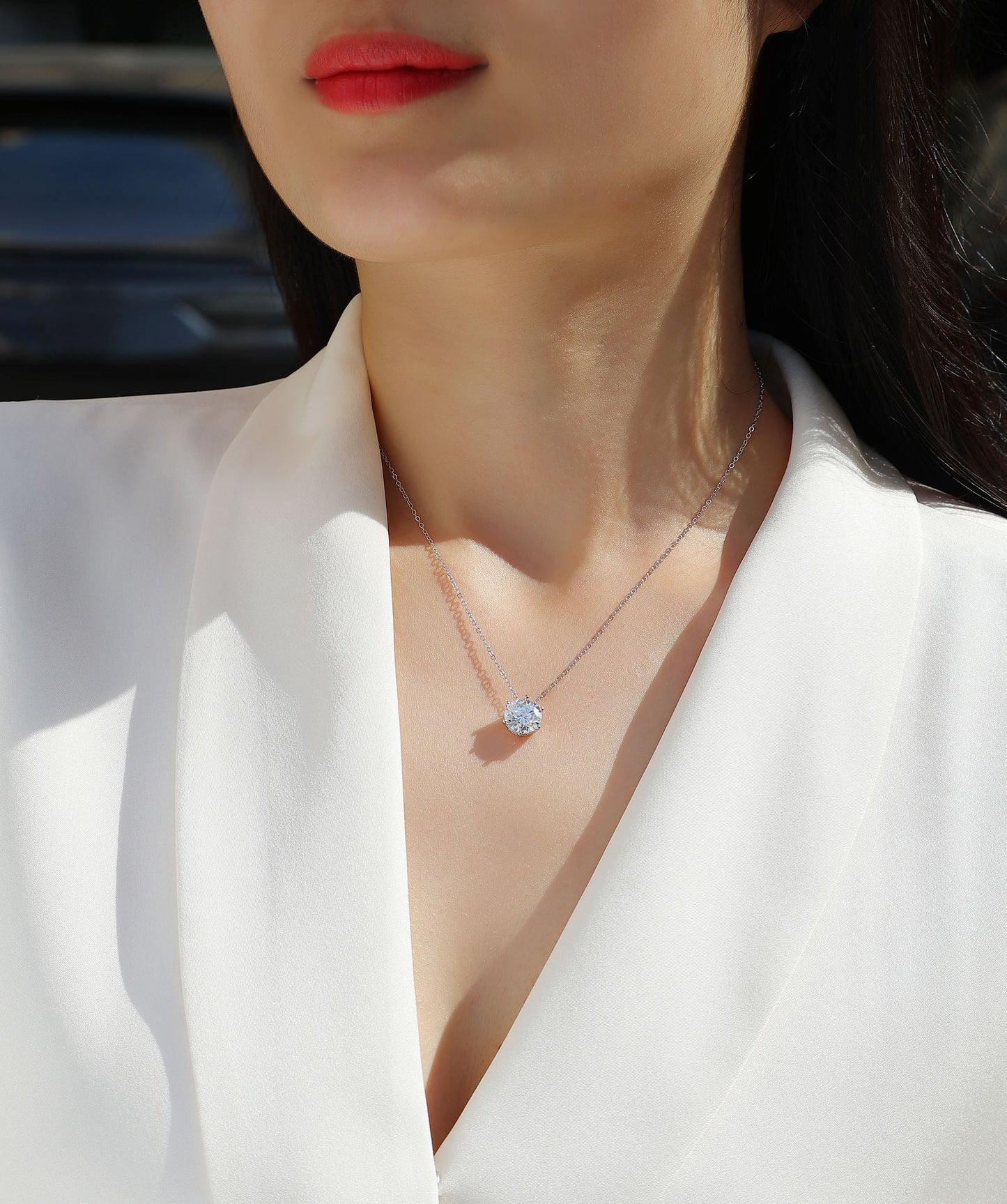Afternoon Rose Moissanite Pendant Necklace — S925 Sterling Silver, Platinum-Plated (1–3 ct)
