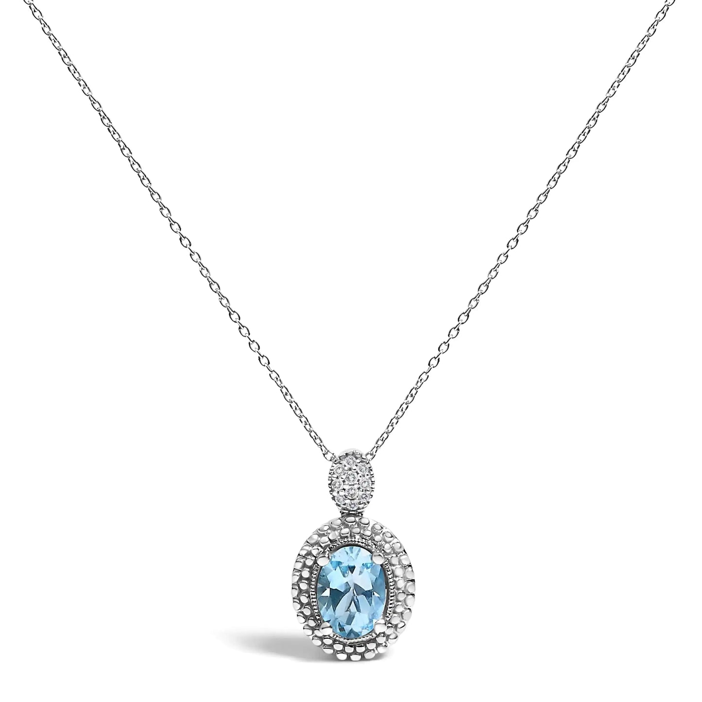 Sterling Silver Oval Blue Topaz and Diamond Accent with Beaded Halo Pendant Necklace - 18" Inches