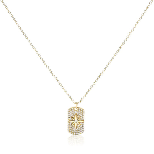 18K Yellow Gold Plated .925 Sterling Silver 3/8 Cttw Diamond North Star Dog Tag 18" Inch Pendant Necklace (I-J Color, I2-I3 Clarity)