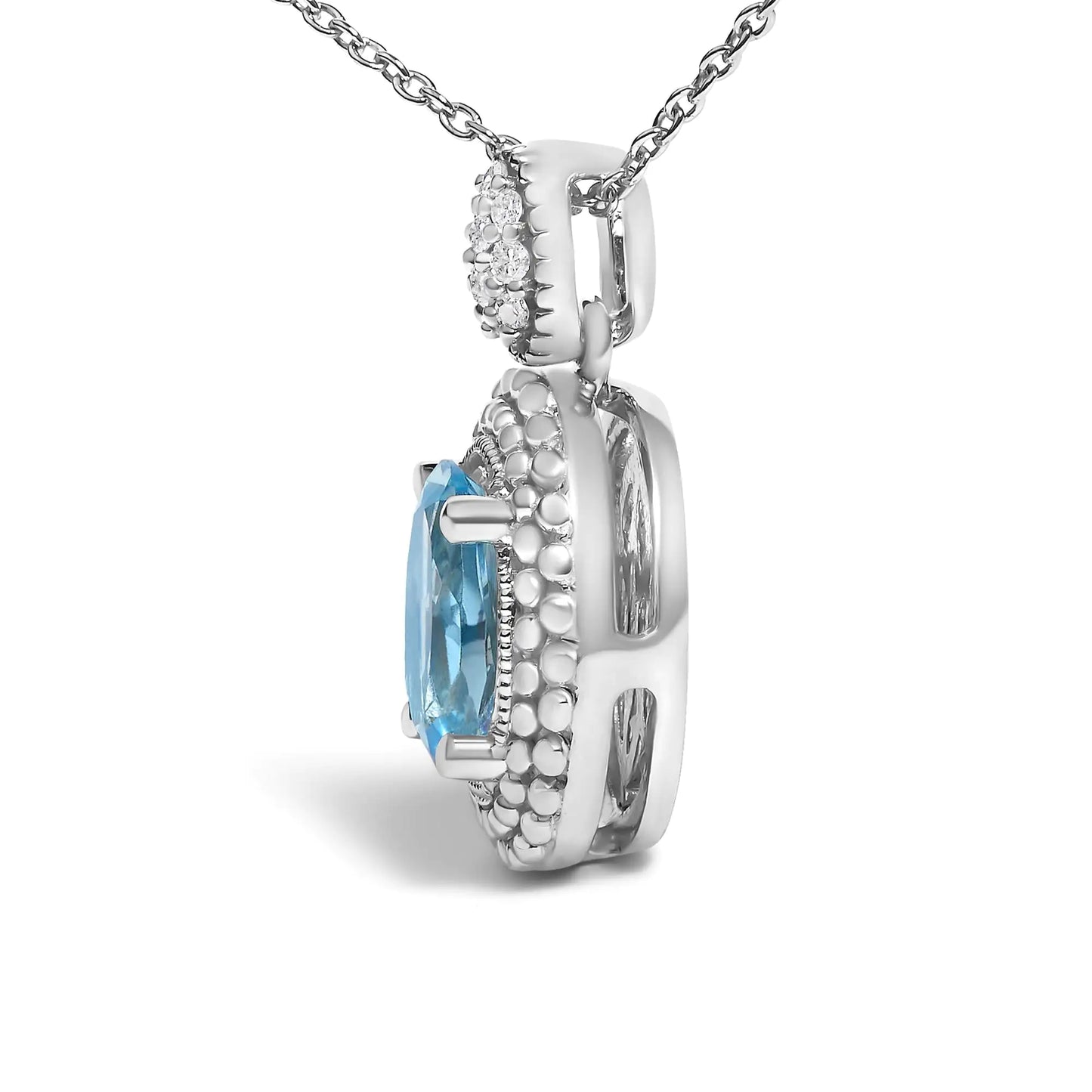 Sterling Silver Oval Blue Topaz and Diamond Accent with Beaded Halo Pendant Necklace - 18" Inches