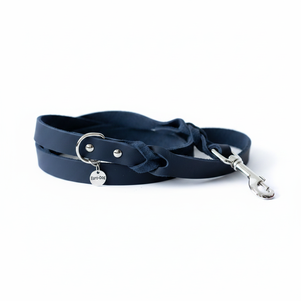 Navy Braided Leather Dog Leash