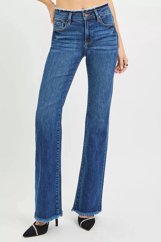 RISEN Full Size Mid Rise Bootcut Frayed Waistband Hem Detail Jeans Plus Size